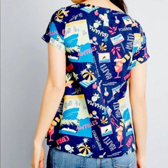 Modcloth Delightful Demeanor Short Sleeve Blouse Linen Navy Blue XS - Picture 3 of 13